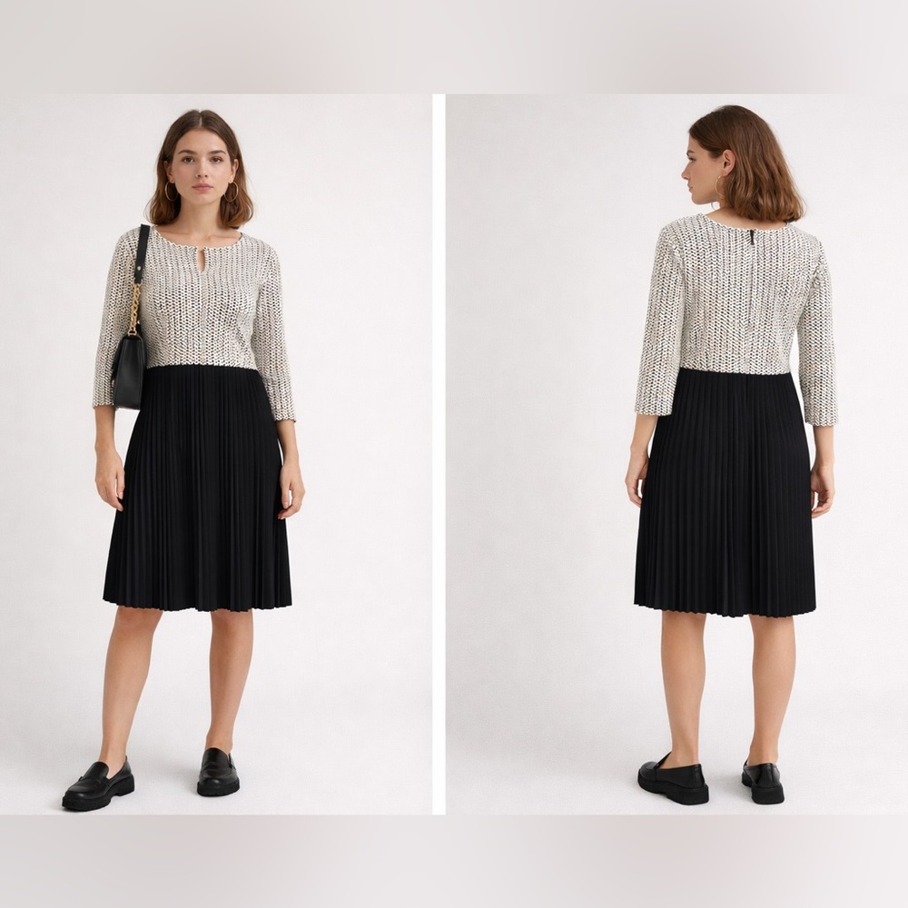Ganni for Anthropologie Black and White‎ Dress with a Pleated Skirt Sz. L